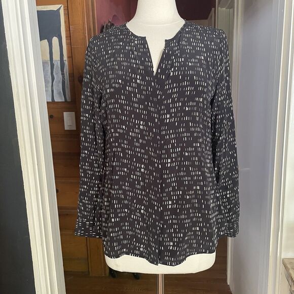 ECRU Black Print 100% Silk Blouse size Small Long Sleeves Career Casual Preppy - Picture 12 of 13